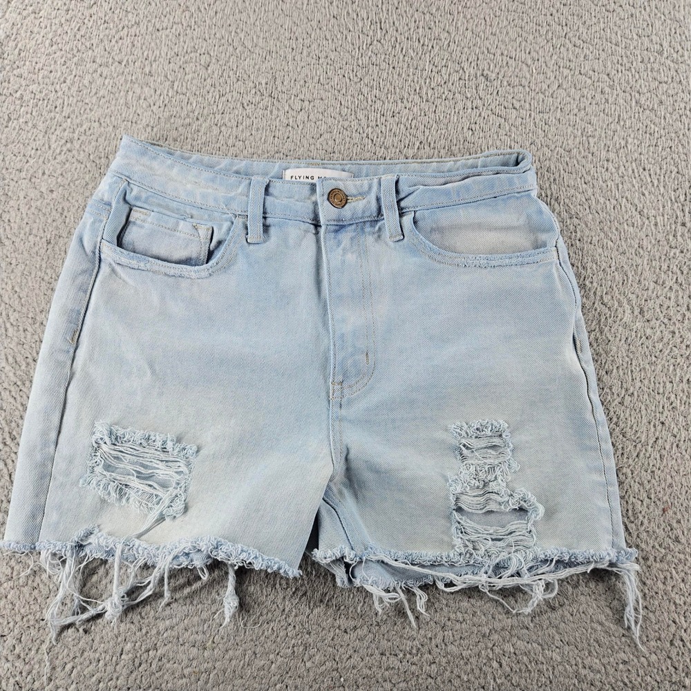 Flying Monkey Cut Off Denim Shorts Womens 26 Blue Light Wash Distressed Mid Rise